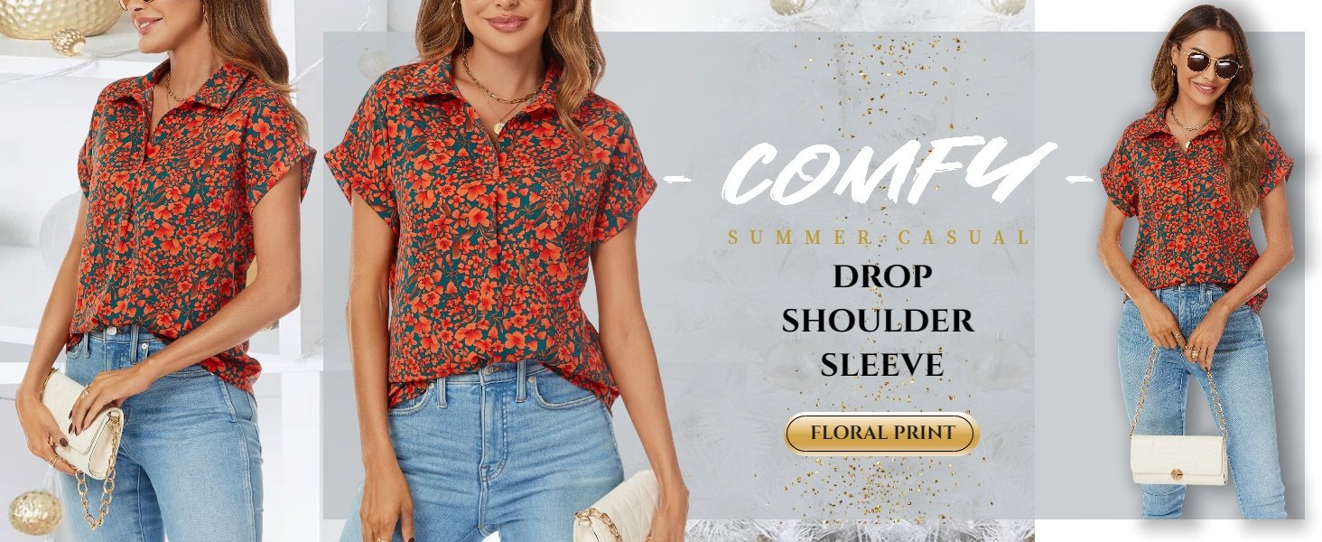 Women's Short Sleeve Tops and Blouses Business Casual Collared Tunic Shirt