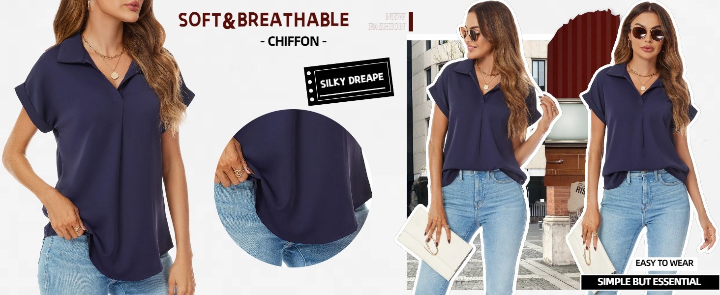 Women's Short Sleeve Tops and Blouses Business Casual Collared Tunic Shirt