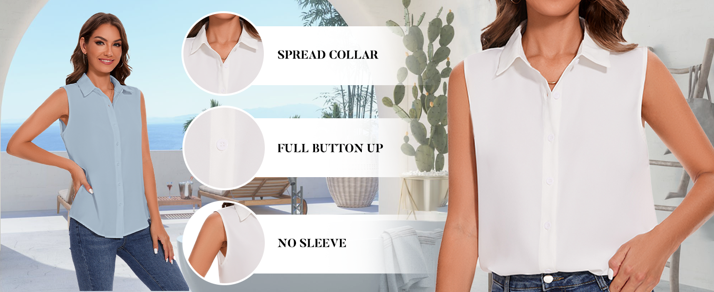 Women's Sleeveless Button Down Blouse Tops Shirt for Work Office