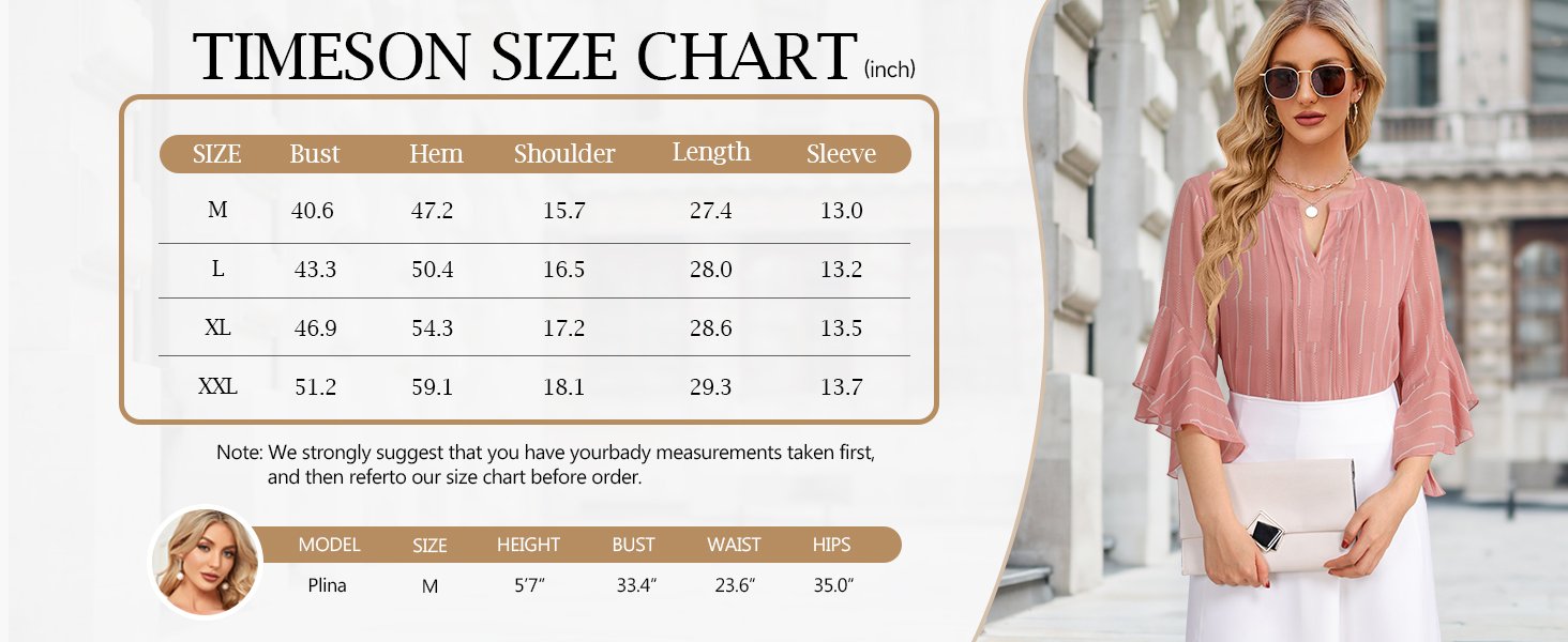 Timeson Women's 3/4 Sleeve Tops Dressy Casual Business Work Blouses Chiffon Office Shirts