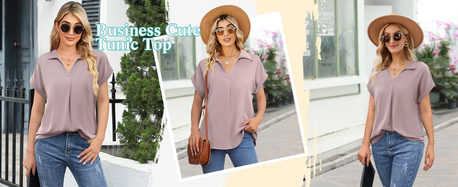 Women's Short Sleeve Dressy Chiffon Blouses V Neck Tunic Tops Cute Summer Shirts Casual T-Shirts 
