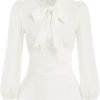 Women's Long Sleeve Peplum Dressy Shirt Office Bow Tie Work Blouses Tops Smocked Waist