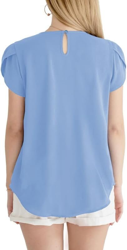 Women's Casual Round Neck Basic Pleated Tops Short Sleeve Loose Fit Curved Keyhole Back Chiffon Blouses Tshirts