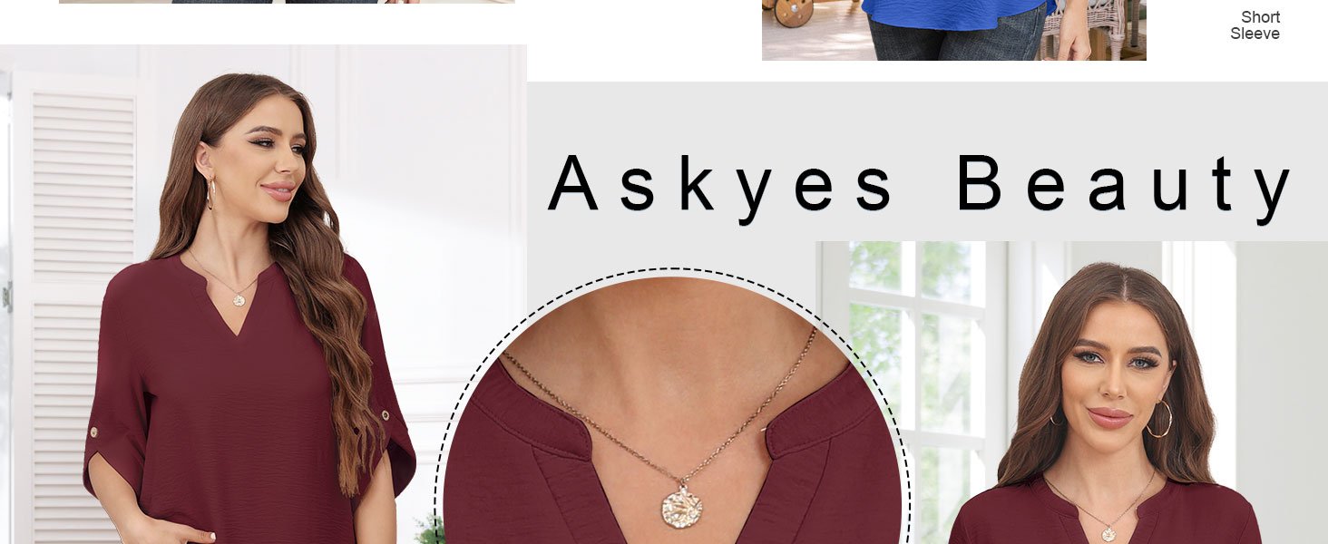 Askyes Womens Blouses Dressy Casual Chiffon Tops Summer 3/4 Sleeve Blouse Shirts