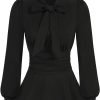 Women's Long Sleeve Peplum Dressy Shirt Office Bow Tie Work Blouses Tops Smocked Waist