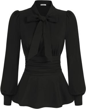 51-7x52SGoL._AC_SL1500 Women's Long Sleeve Peplum Dressy Shirt Office Bow Tie Work Blouses Tops Smocked Waist
