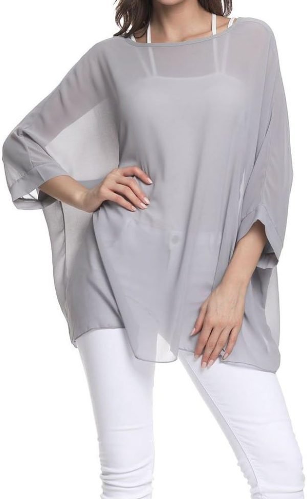 Women Chiffon Blouse Floral Batwing Sleeve Beach Cover Loose Tunic Shirt Tops