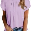 Women's Casual Round Neck Basic Pleated Tops Short Sleeve Loose Fit Curved Keyhole Back Chiffon Blouses Tshirts