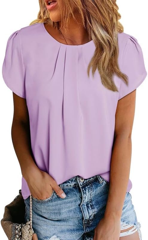 Women's Casual Round Neck Basic Pleated Tops Short Sleeve Loose Fit Curved Keyhole Back Chiffon Blouses Tshirts