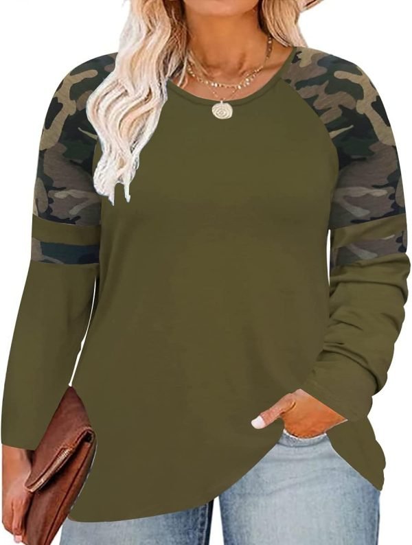 Plus Size T Shirt for Women Long Sleeve Raglan Tops Tee Shirts Color Block Top Leopard Plaid Print XL-5XL 14W-28W