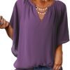 Womens Casual V Neck Loose 3/4 Bell Sleeve Chiffon Blouse Shirt Pleated Flowy Tunic Tops