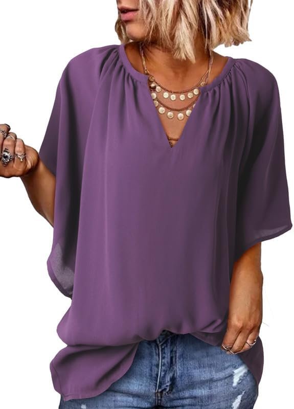 Womens Casual V Neck Loose 3/4 Bell Sleeve Chiffon Blouse Shirt Pleated Flowy Tunic Tops