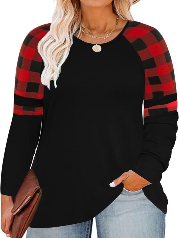 Plus Size T Shirt for Women Long Sleeve Raglan Tops Tee Shirts Color Block Top Leopard Plaid Print XL-5XL 14W-28W