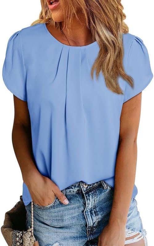 Women's Casual Round Neck Basic Pleated Tops Short Sleeve Loose Fit Curved Keyhole Back Chiffon Blouses Tshirts