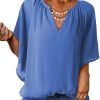 Womens Casual V Neck Loose 3/4 Bell Sleeve Chiffon Blouse Shirt Pleated Flowy Tunic Tops
