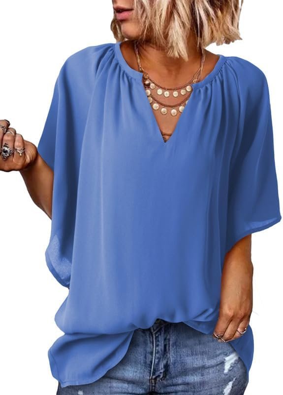 Womens Casual V Neck Loose 3/4 Bell Sleeve Chiffon Blouse Shirt Pleated Flowy Tunic Tops