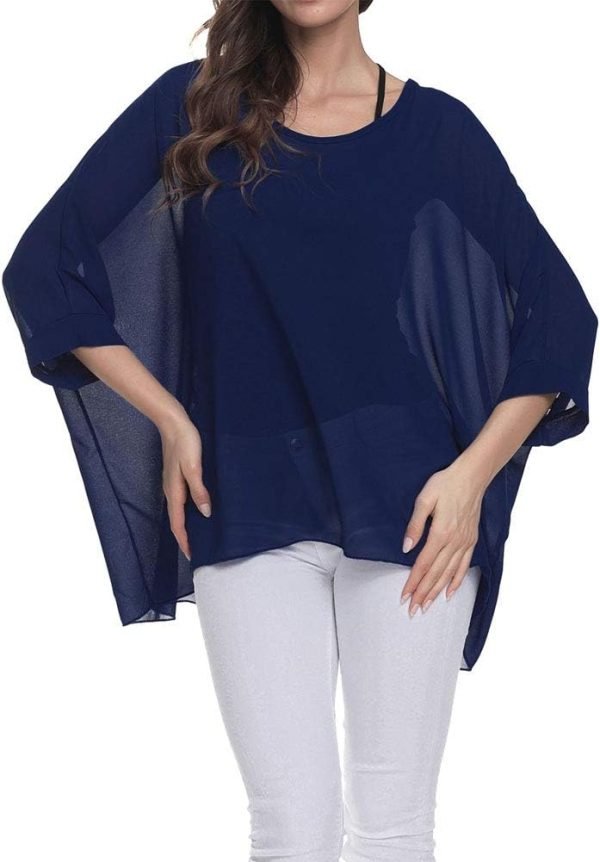 Women Chiffon Blouse Floral Batwing Sleeve Beach Cover Loose Tunic Shirt Tops