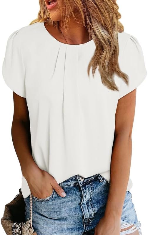 Women's Casual Round Neck Basic Pleated Tops Short Sleeve Loose Fit Curved Keyhole Back Chiffon Blouses Tshirts