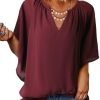 Womens Casual V Neck Loose 3/4 Bell Sleeve Chiffon Blouse Shirt Pleated Flowy Tunic Tops