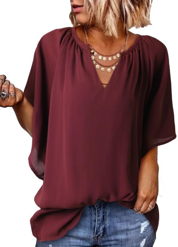 Womens Casual V Neck Loose 3/4 Bell Sleeve Chiffon Blouse Shirt Pleated Flowy Tunic Tops