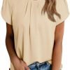 Women's Casual Round Neck Basic Pleated Tops Short Sleeve Loose Fit Curved Keyhole Back Chiffon Blouses Tshirts