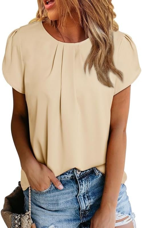 Women's Casual Round Neck Basic Pleated Tops Short Sleeve Loose Fit Curved Keyhole Back Chiffon Blouses Tshirts