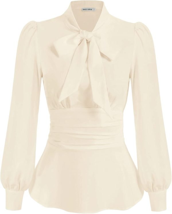 Women's Long Sleeve Peplum Dressy Shirt Office Bow Tie Work Blouses Tops Smocked Waist