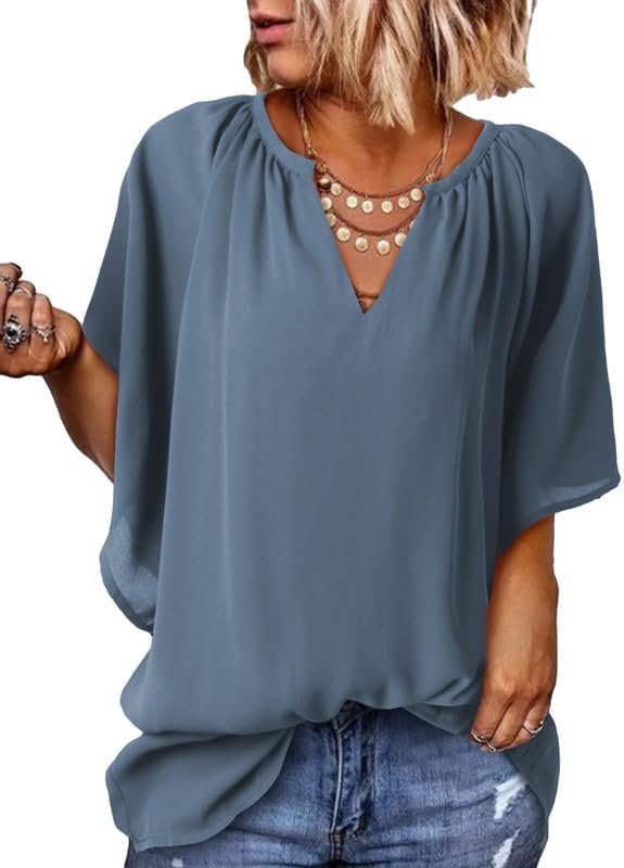 Womens Casual V Neck Loose 3/4 Bell Sleeve Chiffon Blouse Shirt Pleated Flowy Tunic Tops