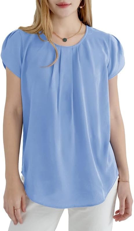 Women's Casual Round Neck Basic Pleated Tops Short Sleeve Loose Fit Curved Keyhole Back Chiffon Blouses Tshirts