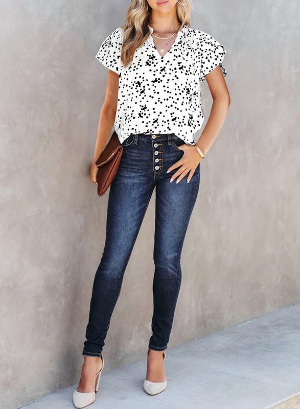 Women's Casual V Neck Alicia Floral Print Smocked Short Sleeve Chiffon Blouses Bohemian Top Shirts