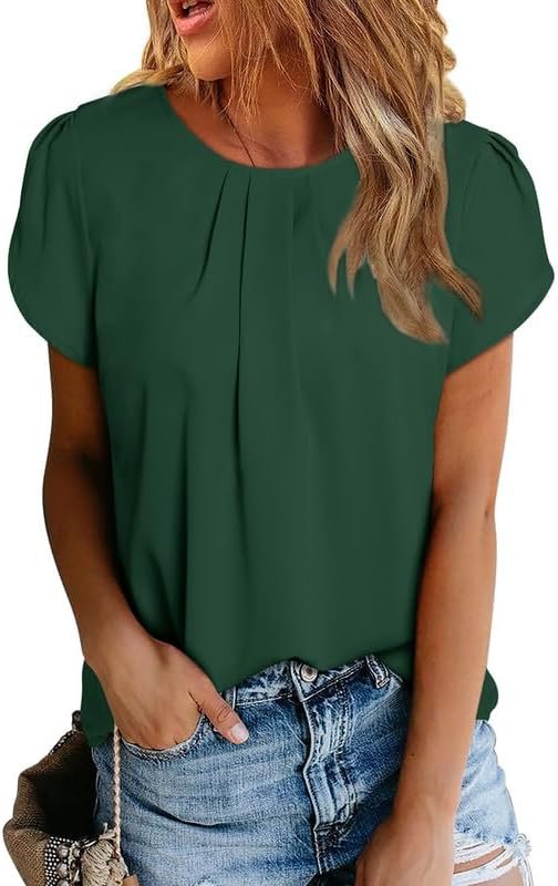 Women's Casual Round Neck Basic Pleated Tops Short Sleeve Loose Fit Curved Keyhole Back Chiffon Blouses Tshirts