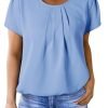 Women's Casual Round Neck Basic Pleated Tops Short Sleeve Loose Fit Curved Keyhole Back Chiffon Blouses Tshirts