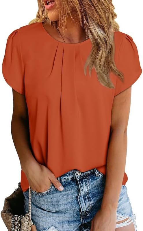 Women's Casual Round Neck Basic Pleated Tops Short Sleeve Loose Fit Curved Keyhole Back Chiffon Blouses Tshirts