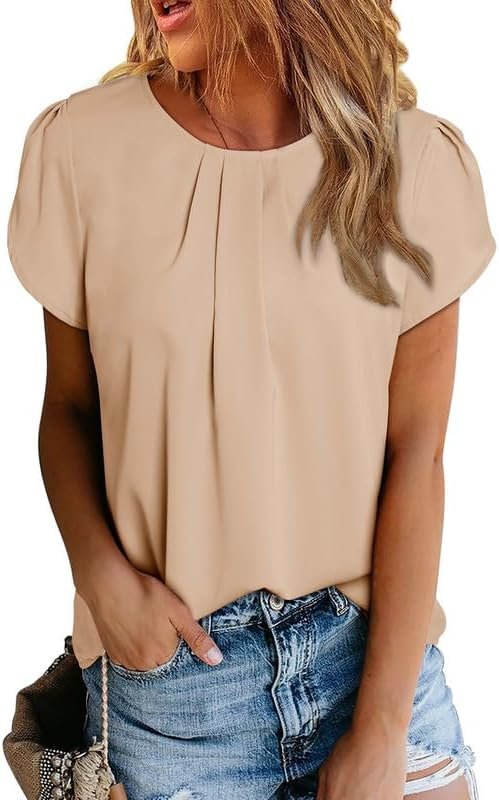 Women's Casual Round Neck Basic Pleated Tops Short Sleeve Loose Fit Curved Keyhole Back Chiffon Blouses Tshirts