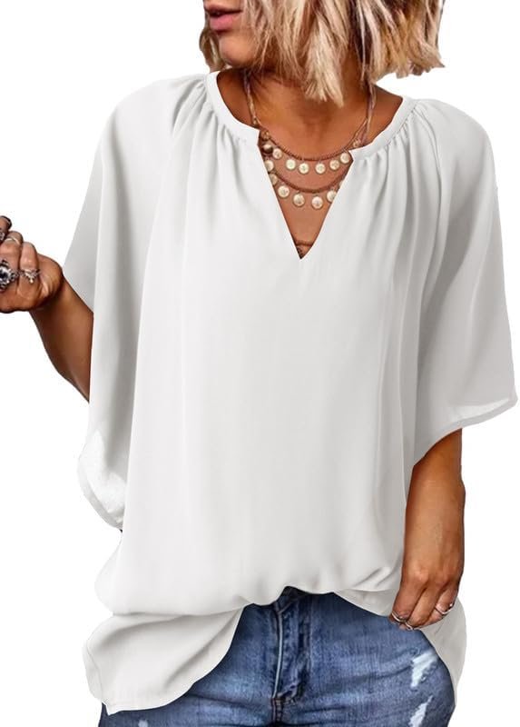 Womens Casual V Neck Loose 3/4 Bell Sleeve Chiffon Blouse Shirt Pleated Flowy Tunic Tops