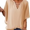 Womens Casual V Neck Loose 3/4 Bell Sleeve Chiffon Blouse Shirt Pleated Flowy Tunic Tops