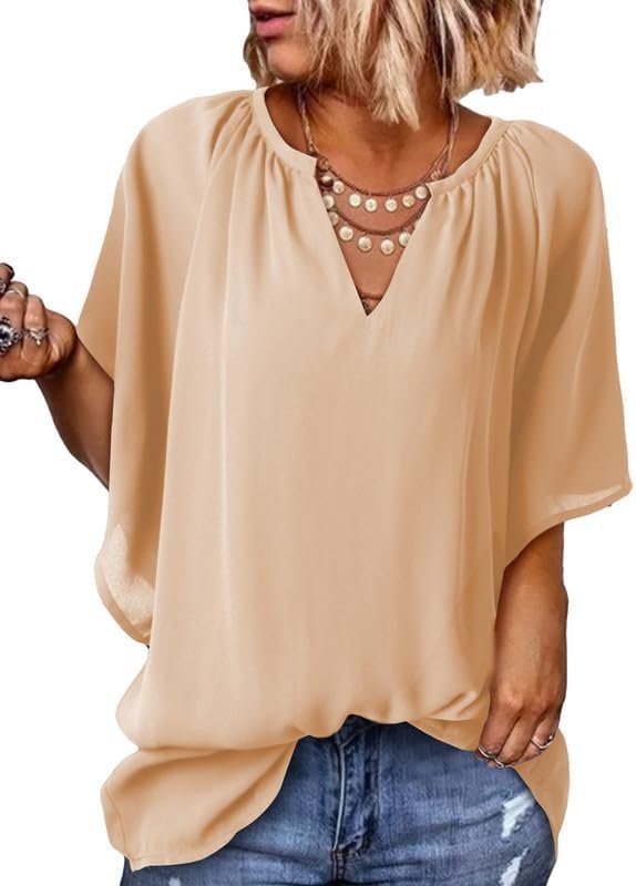 Womens Casual V Neck Loose 3/4 Bell Sleeve Chiffon Blouse Shirt Pleated Flowy Tunic Tops