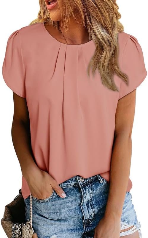 Women's Casual Round Neck Basic Pleated Tops Short Sleeve Loose Fit Curved Keyhole Back Chiffon Blouses Tshirts