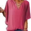 Womens Casual V Neck Loose 3/4 Bell Sleeve Chiffon Blouse Shirt Pleated Flowy Tunic Tops