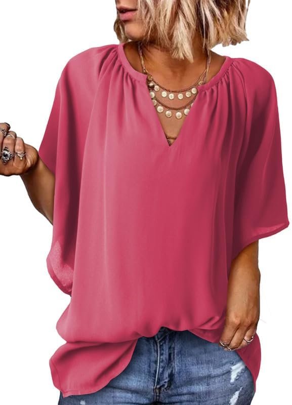 Womens Casual V Neck Loose 3/4 Bell Sleeve Chiffon Blouse Shirt Pleated Flowy Tunic Tops