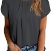 Women's Casual Round Neck Basic Pleated Tops Short Sleeve Loose Fit Curved Keyhole Back Chiffon Blouses Tshirts