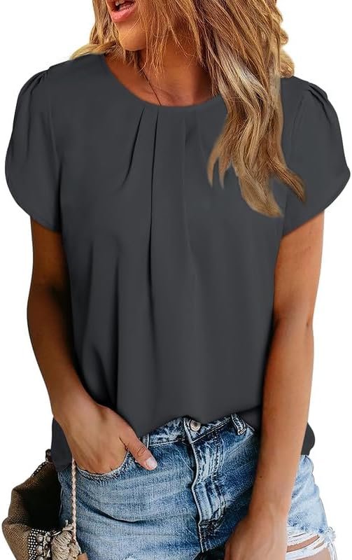 Women's Casual Round Neck Basic Pleated Tops Short Sleeve Loose Fit Curved Keyhole Back Chiffon Blouses Tshirts