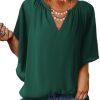 Womens Casual V Neck Loose 3/4 Bell Sleeve Chiffon Blouse Shirt Pleated Flowy Tunic Tops