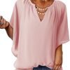 Womens Casual V Neck Loose 3/4 Bell Sleeve Chiffon Blouse Shirt Pleated Flowy Tunic Tops