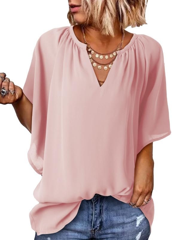 Womens Casual V Neck Loose 3/4 Bell Sleeve Chiffon Blouse Shirt Pleated Flowy Tunic Tops