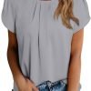 Women's Casual Round Neck Basic Pleated Tops Short Sleeve Loose Fit Curved Keyhole Back Chiffon Blouses Tshirts