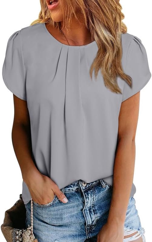 Women's Casual Round Neck Basic Pleated Tops Short Sleeve Loose Fit Curved Keyhole Back Chiffon Blouses Tshirts