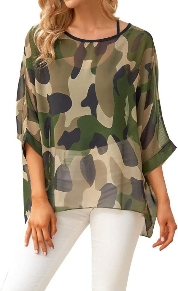 Women Chiffon Blouse Floral Batwing Sleeve Beach Cover Loose Tunic Shirt Tops