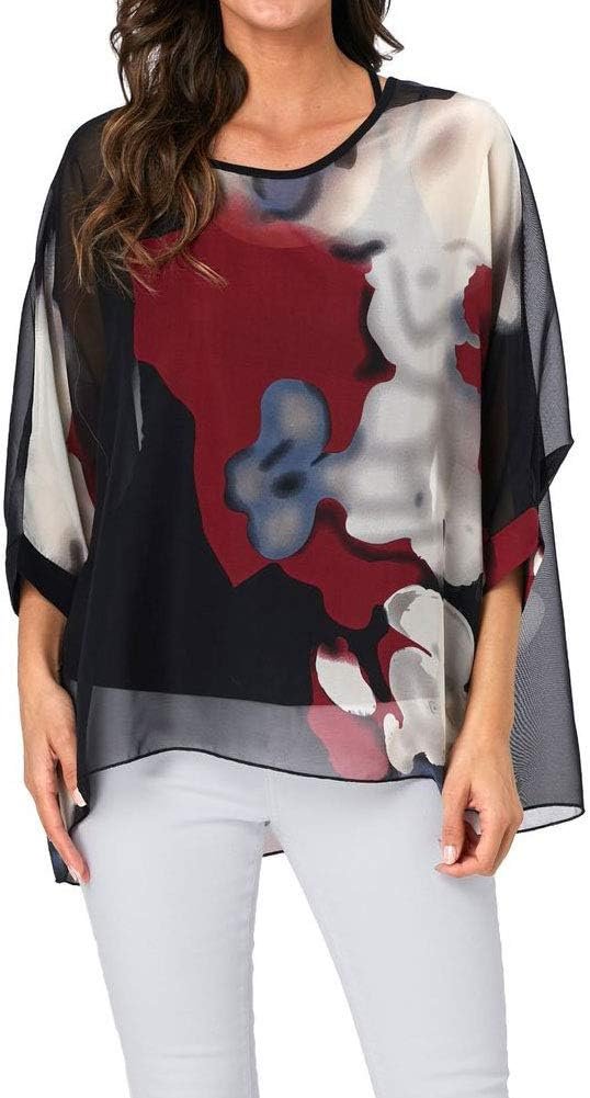 Women Chiffon Blouse Floral Batwing Sleeve Beach Cover Loose Tunic Shirt Tops