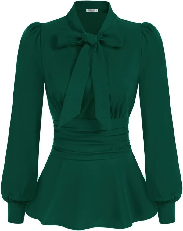 Women's Long Sleeve Peplum Dressy Shirt Office Bow Tie Work Blouses Tops Smocked Waist
